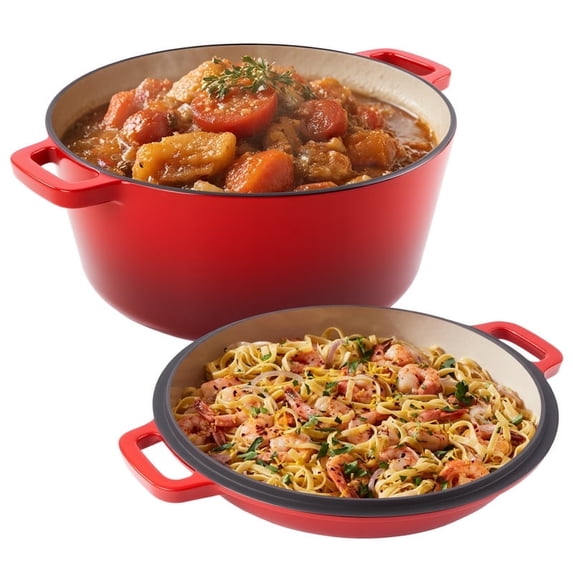 Daluvenix 2 in 1 Cast Iron Dutch Oven Pot with Skillet Lid, 6+2qt Pre-Seasoned Multipurpose Cookware for baking, braising, and stewing, Red