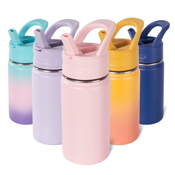 Daluvenix 12oz Insulated Kids Water Bottle with Straw and Carry Handle, Leak-Proof BPA-Free Stainless Steel Bottle, Pink