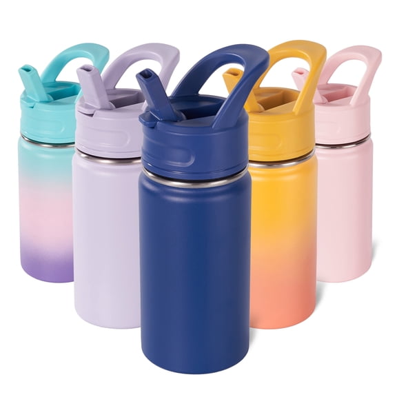 Daluvenix 12oz Insulated Kids Water Bottle with Straw and Carry Handle, Leak-Proof BPA-Free Stainless Steel Bottle, Blue