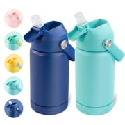 Daluvenix Kids Water Bottle with Straw Lid 12oz Leakproof toddler Water Bottle for School, Insulated Stainless Steel Water Bottles for Kids BPA Free, Blue+Green2 pack