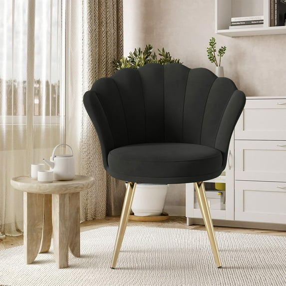 Daluvenix Velvet Accent Chair with Gold Metal Legs, Shell Design Vanity Makeup Chair for Living room, Modern Upholstered Guest Chair, Black