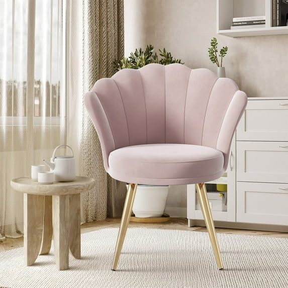 Daluvenix Velvet Accent Chair with Gold Metal Legs, Shell Design Vanity Makeup Chair for Living room, Modern Upholstered Guest Chair, Pink