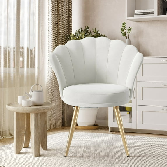 Daluvenix Velvet Accent Chair with Gold Metal Legs, Shell Design Vanity Makeup Chair for Living room, Modern Upholstered Guest Chair, White