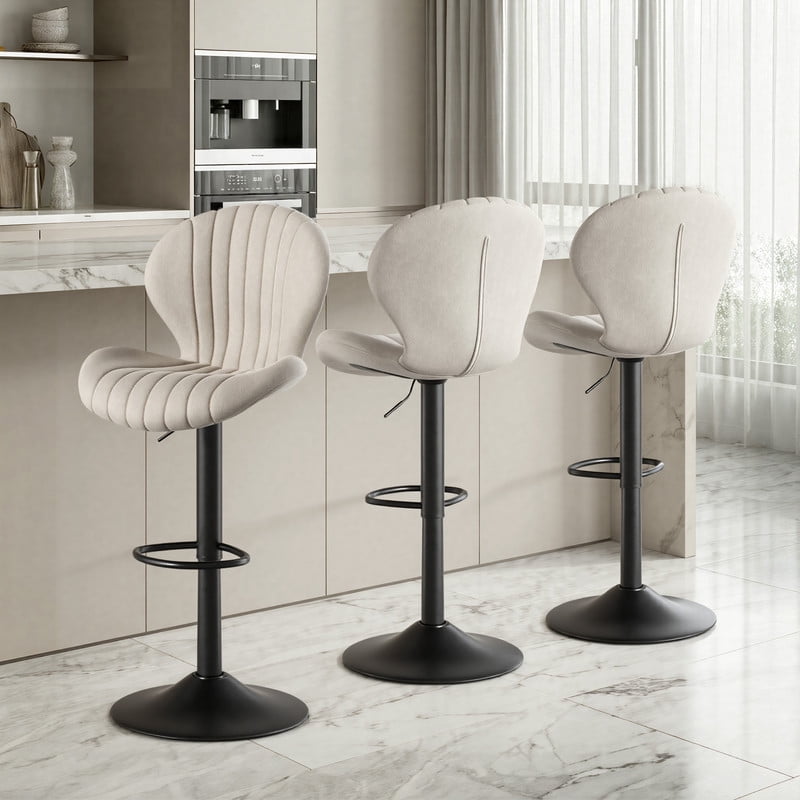 Daluvenix Swivel Bar Stools Set of 3 with Back, Adjustable Counter Height Bar Chairs with Heavy Duty Metal Base for Kitchen Island Dining Room Pub, Beige
