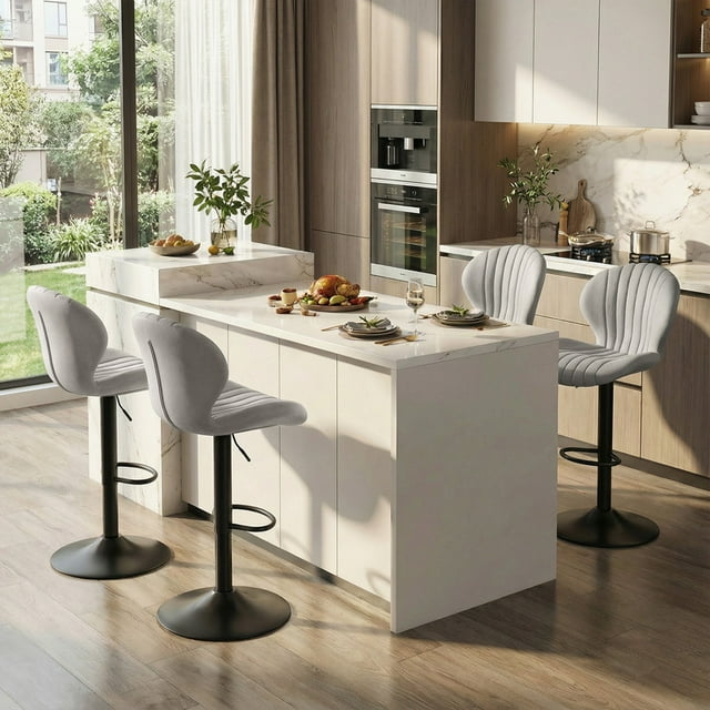 Daluvenix Swivel Bar Stools Set of 4 with Back, Adjustable Counter Height Bar Chairs with Heavy Duty Metal Base for Kitchen Island Dining Room Pub, Grey