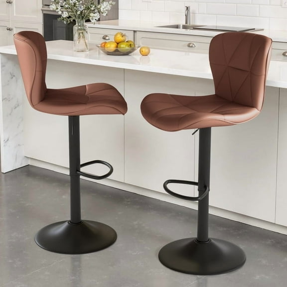 Daluvenix Modern Bar Stools Set of 2, Adjustable Swivel Counter Height Bar Chairs with Back, Faux Leather Upholstered for Kitchen Island, Brown