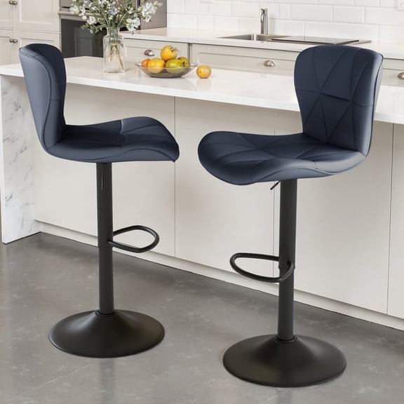 Daluvenix Modern Bar Stools Set of 2, Adjustable Swivel Counter Height Bar Chairs with Back, Faux Leather Upholstered for Kitchen Island, Dark Blue