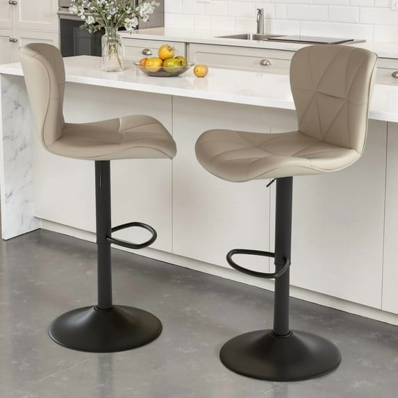 Daluvenix Modern Bar Stools Set of 2, Adjustable Swivel Counter Height Bar Chairs with Back, Faux Leather Upholstered for Kitchen Island, Khaki