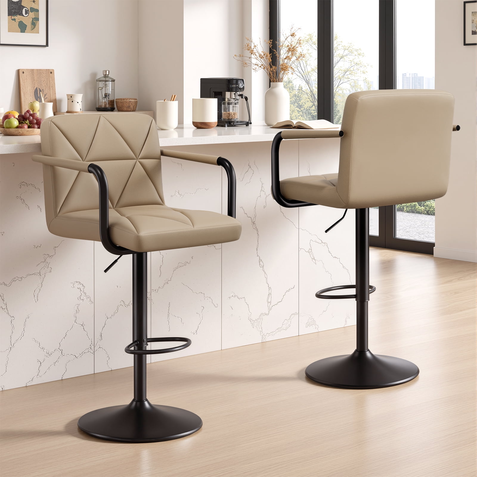 Daluvenix Bar Stools Set of 2， PU Leather Adjustable Swivel Barstools，Hydraulic Counter Height Bar Chairs with Armrest Back for Kitchen Island，Khaki