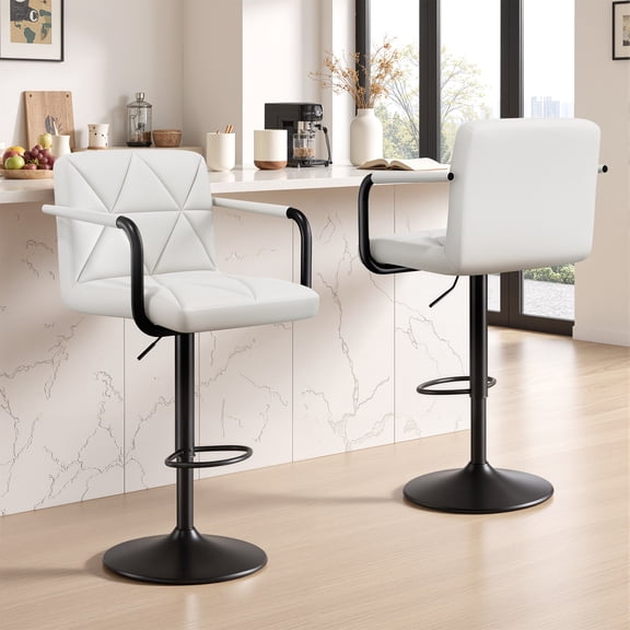 Daluvenix Bar Stools Set of 2, PU Leather Adjustable Swivel Barstools,Hydraulic Counter Height Bar Chairs with Armrest Back for Kitchen Island,White
