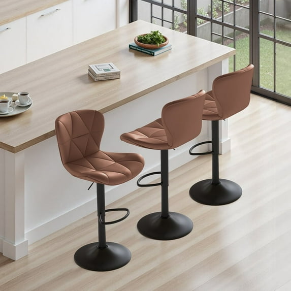 Daluvenix Modern Bar Stools Set of 3, Adjustable Swivel Counter Height Bar Chairs with Back, Faux Leather Upholstered for Kitchen Island, Brown