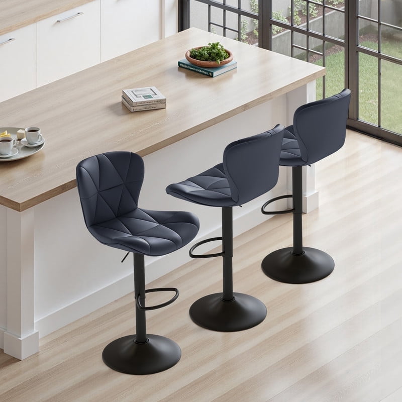 Daluvenix Modern Bar Stools Set of 3, Adjustable Swivel Counter Height Bar Chairs with Back, Faux Leather Upholstered for Kitchen Island, Dark Blue