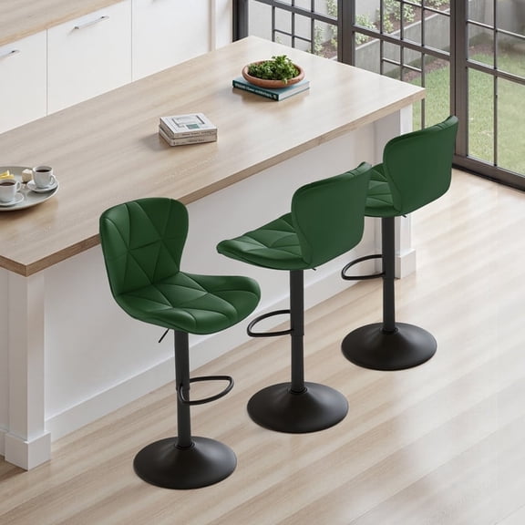 Daluvenix Modern Bar Stools Set of 3, Adjustable Swivel Counter Height Bar Chairs with Back, Faux Leather Upholstered for Kitchen Island, Green