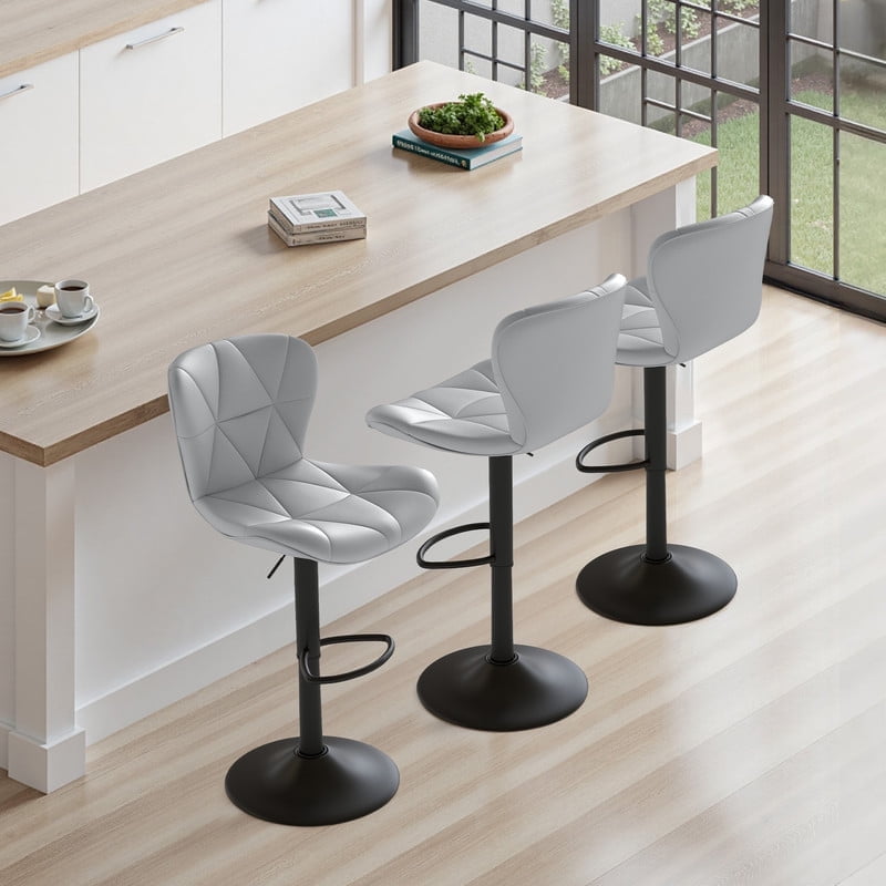 Daluvenix Modern Bar Stools Set of 3, Adjustable Swivel Counter Height Bar Chairs with Back, Faux Leather Upholstered for Kitchen Island, Light Grey