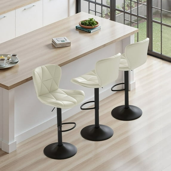 Daluvenix Modern Bar Stools Set of 3, Adjustable Swivel Counter Height Bar Chairs with Back, Faux Leather Upholstered for Kitchen Island, White