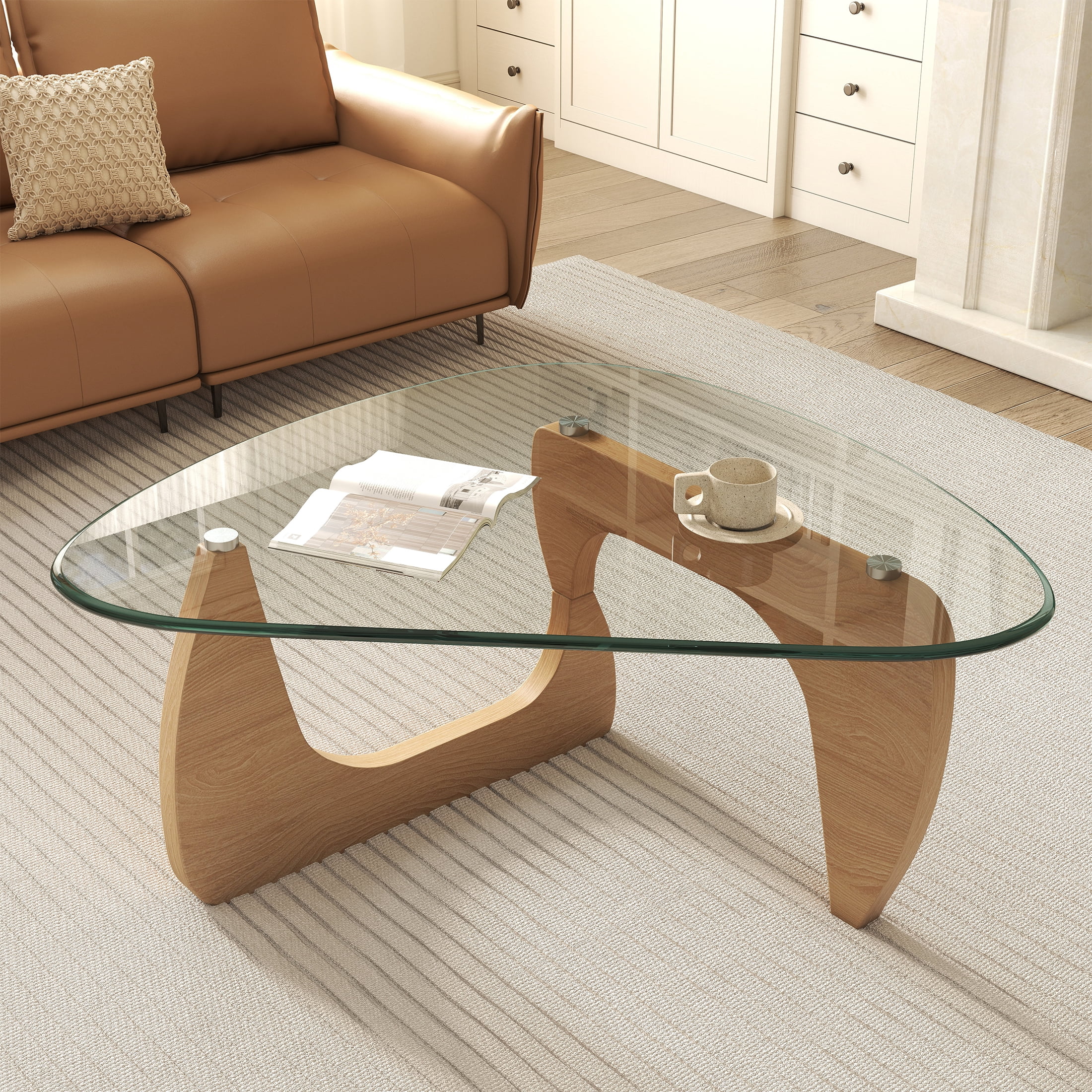 Daluvenix Modern Glass Coffee Table Triangle Coffee Table for Living Room with Glass Top and Wood Base
