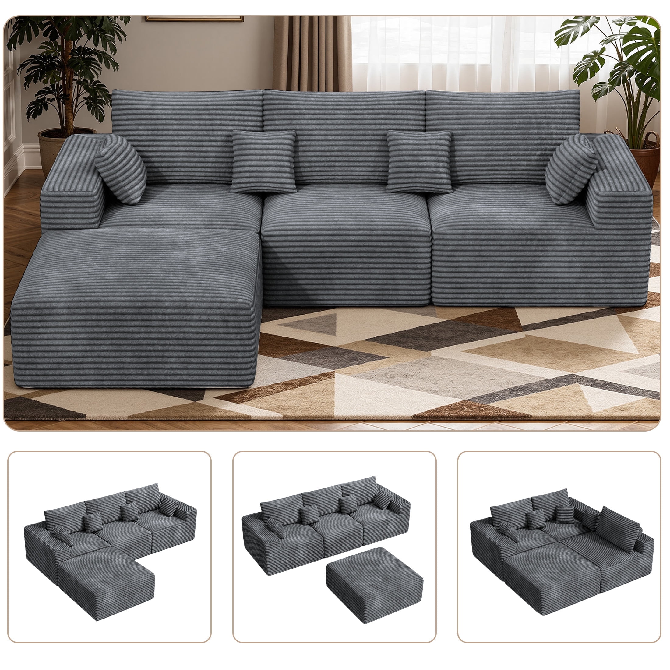 Daluvenix Modern Modular Sectional Sofa 113" L-Shaped Boneless Couch with Deep Seat Convertible Corduroy Cloud Couches for Living Room