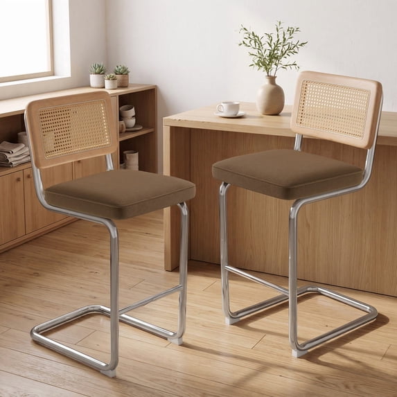 Daluvenix Natural Rattan Bar Stools Set of 2 with Cane Back, Mid Century Modern Kitchen Counter Height BarStools, Dining Room Upholstery Boho Microvelvet Seat Bar Chairs