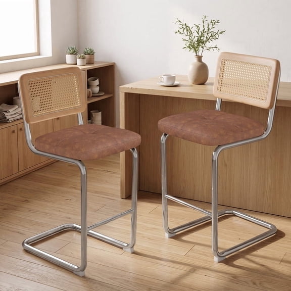 Daluvenix Natural Rattan Bar Stools Set of 2 with Cane Back, Mid Century Modern Kitchen Counter Height BarStools, Dining Room Upholstery Boho PU Leather Seat Bar Chairs