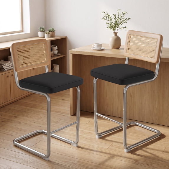 Daluvenix Natural Rattan Bar Stools Set of 2 with Cane Back, Mid Century Modern Kitchen Counter Height BarStools, Dining Room Upholstery Boho Microvelvet Seat Bar Chairs