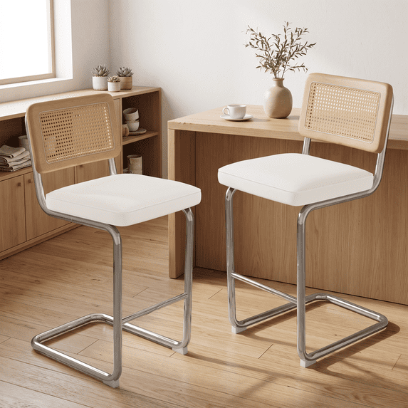 Daluvenix Natural Rattan Bar Stools Set of 2 with Cane Back, Mid Century Modern Kitchen Counter Height BarStools, Dining Room Upholstery Boho Microvelvet Seat Bar Chairs