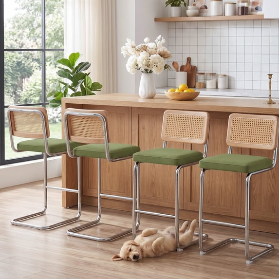 Daluvenix Natural Rattan Bar Stools Set of 4 with Cane Back, Mid Century Modern Kitchen Counter Height BarStools, Dining Room Upholstery Boho Microvelvet Seat Bar Chairs