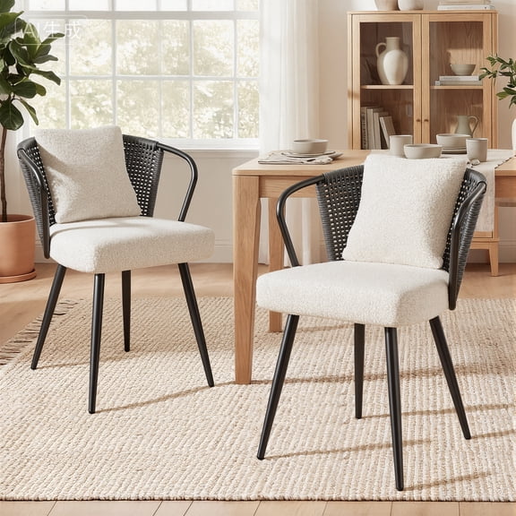Daluvenix Rattan Dining Chairs Set of 2 Accent Chairs with Rattan Backrest & Teddy Fleece Fabric Cushion Dark Gray