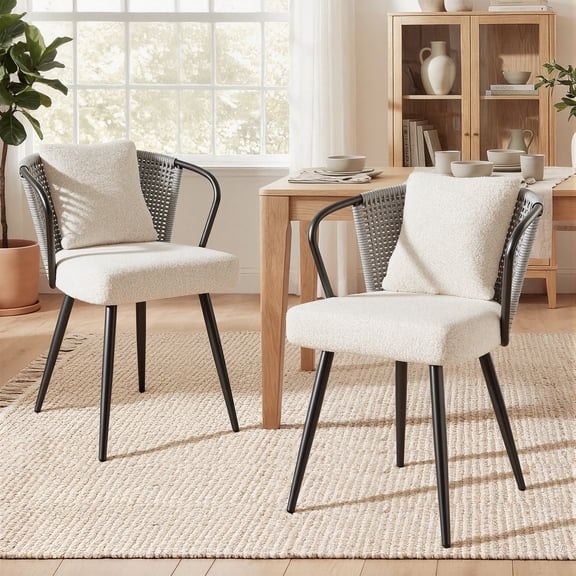 Daluvenix Rattan Dining Chairs Set of 2 Accent Chairs with Rattan Backrest & Teddy Fleece Fabric Cushion Black