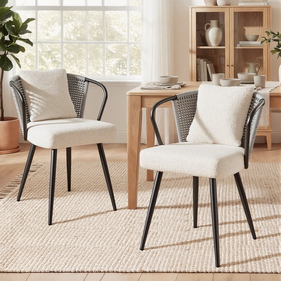 Daluvenix Rattan Dining Chairs Set of 2 Accent Chairs with Rattan Backrest & Teddy Fleece Fabric Cushion Black