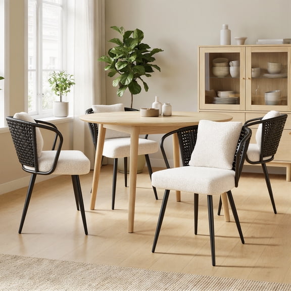 Daluvenix Rattan Dining Chairs Set of 4 Accent Chairs with Rattan Backrest & Teddy Fleece Fabric Cushion Black