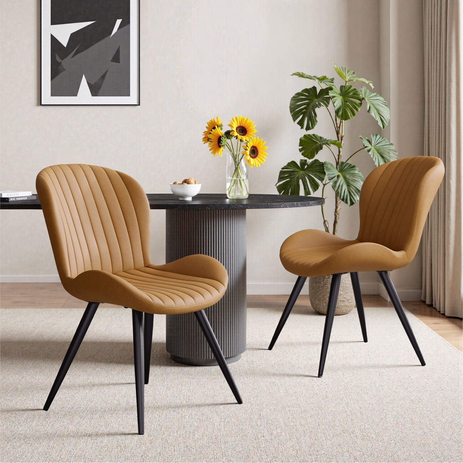 Daluvenix Modern Dining Chairs Set of 2 Upholstered Comfy Fabric Kitchen & Dining Room Chairs with Metal Legs & Thick Cushions for Living Room, Brown