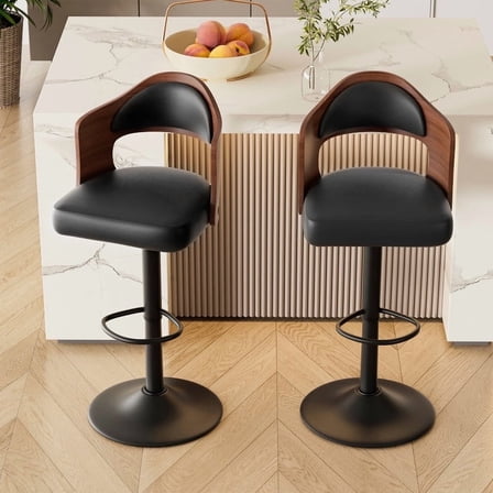 Daluvenix Swivel Bar Stools Set of 2, Wooden Kitchen Bar Chairs with Back, PU Leather Counter Height Barstools for Kitchen Island, Black