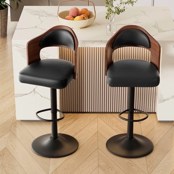 Daluvenix Swivel Bar Stools Set of 2, Wooden Kitchen Bar Chairs with Back, PU Leather Counter Height Barstools for Kitchen Island, Black