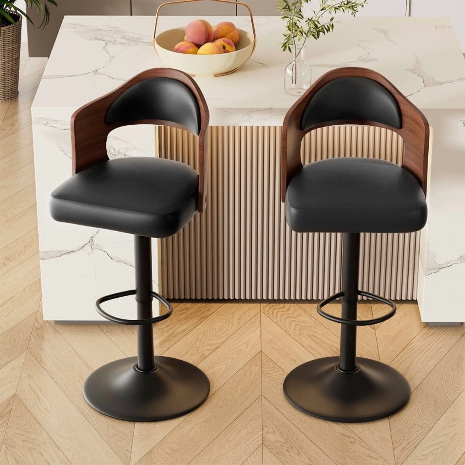 Daluvenix Swivel Bar Stools Set of 2, Wooden Kitchen Bar Chairs with Back, PU Leather Counter Height Barstools for Kitchen Island, Black