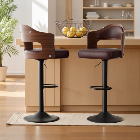Daluvenix Swivel Bar Stools Set of 2, Wooden Kitchen Bar Chairs with Back, PU Leather Counter Height Barstools for Kitchen Island, Brown