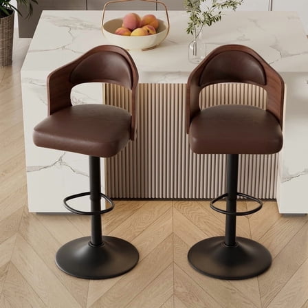 Daluvenix Swivel Bar Stools Set of 2, Wooden Kitchen Bar Chairs with Back, PU Leather Counter Height Barstools for Kitchen Island, Brown
