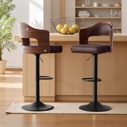 Daluvenix Swivel Bar Stools Set of 2, Wooden Kitchen Bar Chairs with Back, PU Leather Counter Height Barstools for Kitchen Island, Brown