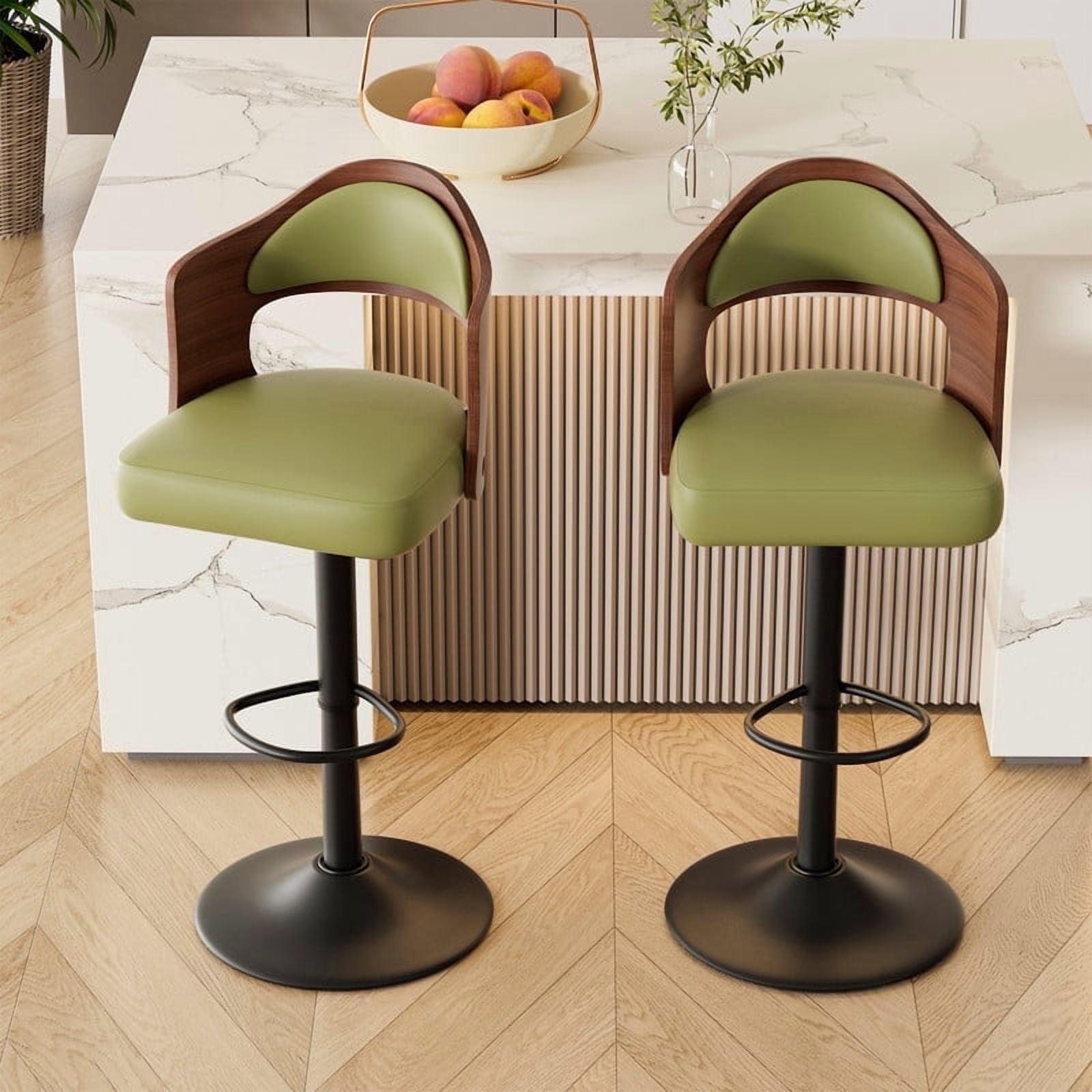Daluvenix Swivel Bar Stools Set of 2, Wooden Kitchen Bar Chairs with Back, PU Leather Counter Height Barstools for Kitchen Island, Green