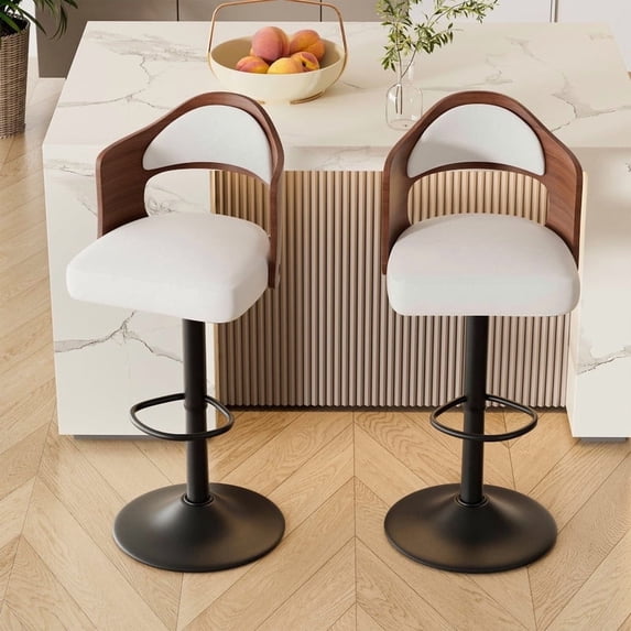 Daluvenix Swivel Bar Stools Set of 2, Wooden Kitchen Bar Chairs with Back, PU Leather Counter Height Barstools for Kitchen Island, White