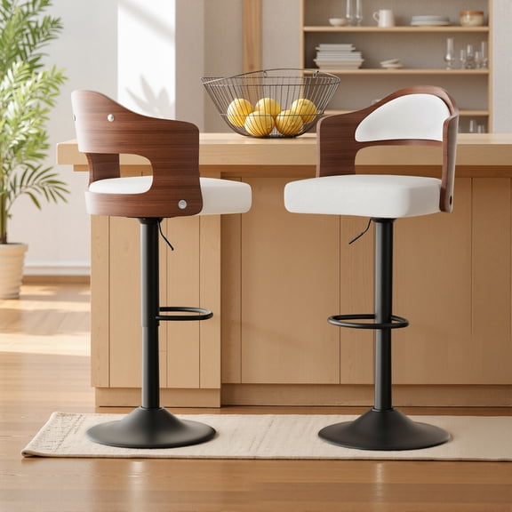 Daluvenix Swivel Bar Stools Set of 2, Wooden Kitchen Bar Chairs with Back, PU Leather Counter Height Barstools for Kitchen Island, White