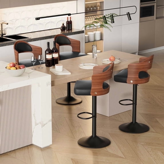 Daluvenix Swivel Bar Stools Set of 4, Wooden Kitchen Bar Chairs with Back, PU Leather Counter Height Barstools for Kitchen Island, Black