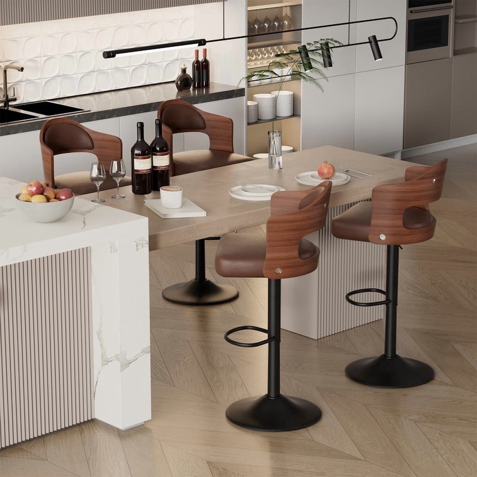 Daluvenix Swivel Bar Stools Set of 4, Wooden Kitchen Bar Chairs with Back, PU Leather Counter Height Barstools for Kitchen Island, Brown