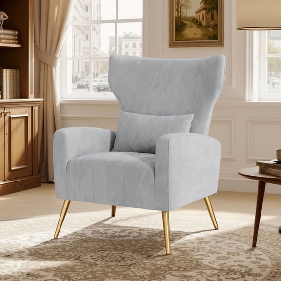 Daluvenix Velvet Accent Chair for Living Room, Modern Arm Chair with Pillow, Single Sofa Lounge Chair for Bedroom & Reading Room, Light Grey