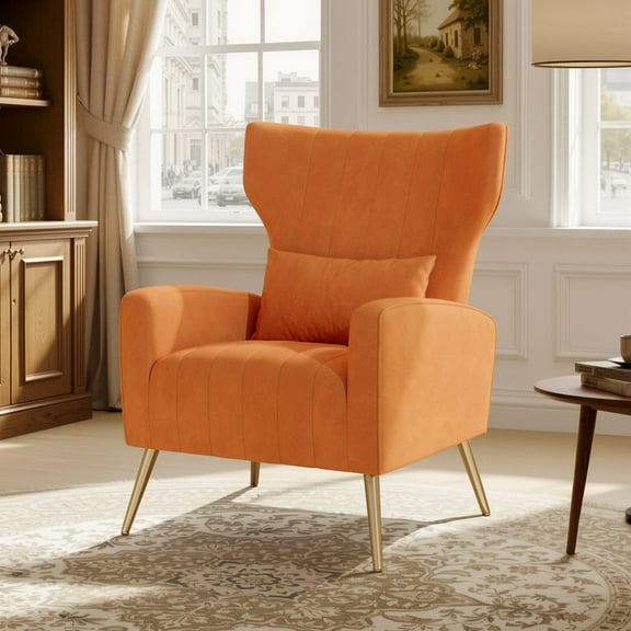 Daluvenix Velvet Accent Chair for Living Room, Modern Arm Chair with Pillow, Single Sofa Lounge Chair for Bedroom & Reading Room, Orange