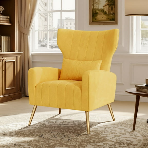 Daluvenix Velvet Accent Chair for Living Room, Modern Arm Chair with Pillow, Single Sofa Lounge Chair for Bedroom & Reading Room, Yellow
