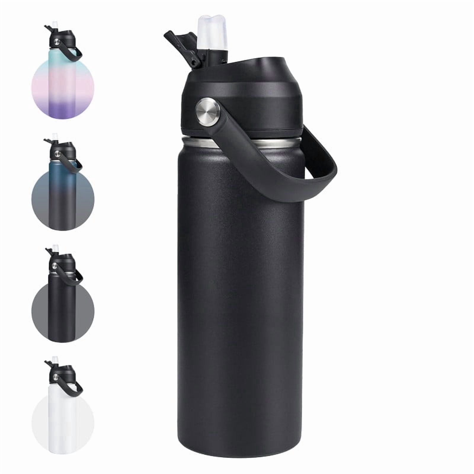 Daluvenix Stainless Steel Water Bottle with Straw Lid, 24oz Vacuum Insulated Water Bottles for Sports, Travel, Black (2 Pack)