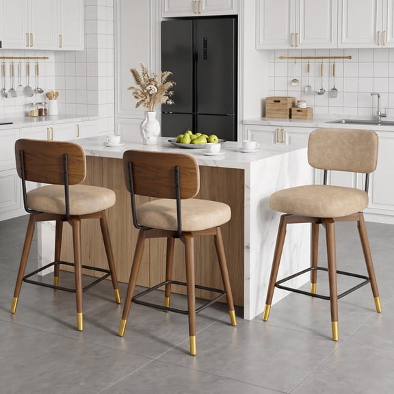 Daluvenix Swivel Bar Stools Set of 3, 26" Counter Height Barstools with Back & Footrest, Mid Century Upholstered Faux Leather Modern Bar-Chairs for Kitchen Island Dining Room
