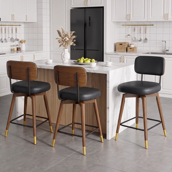 Daluvenix Swivel Bar Stools Set of 3, 26" Counter Height Barstools with Back & Footrest, Mid Century Upholstered Faux Leather Modern Bar-Chairs for Kitchen Island Dining Room