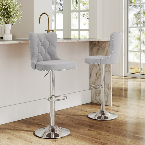 Daluvenix Swivel Bar Stools Set of 2, Velvet Button Tufted Counter Height Chairs with Midback for Home Kitchen Island, Grey
