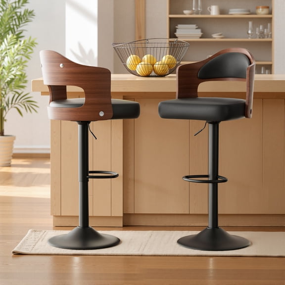 Daluvenix Swivel Bar Stools Set of 2, Wooden Kitchen Bar Chairs with Back, PU Leather Counter Height Barstools for Kitchen Island, Black